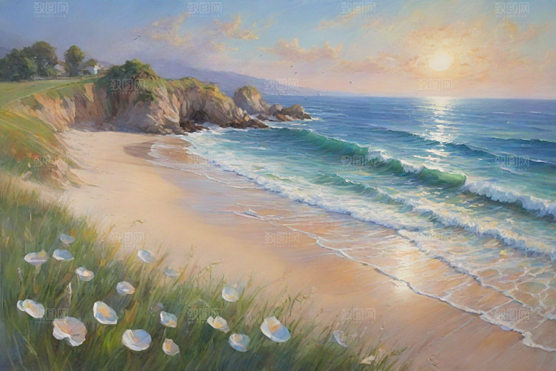 浪花贝壳勾勒精致插画