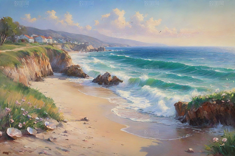 浪花贝壳勾勒精致插画