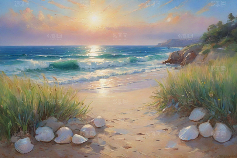 浪花贝壳勾勒精致插画