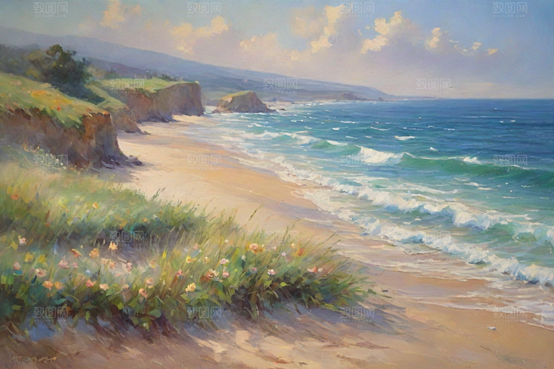 浪花贝壳勾勒精致插画