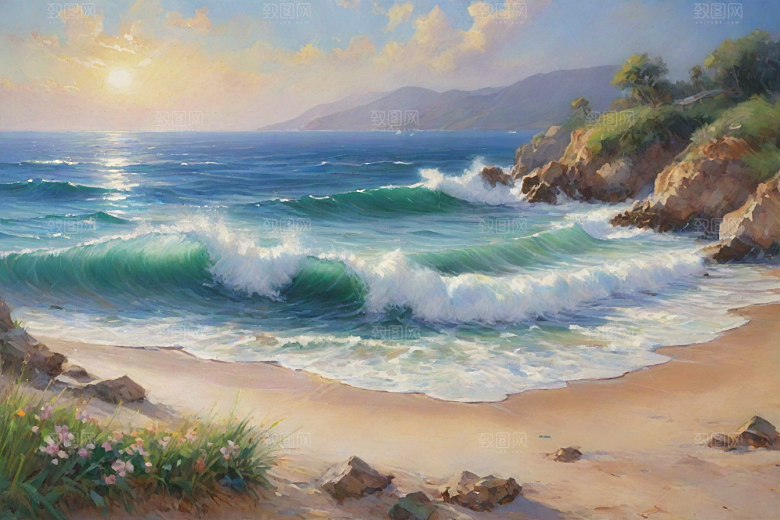 浪花贝壳勾勒精致插画