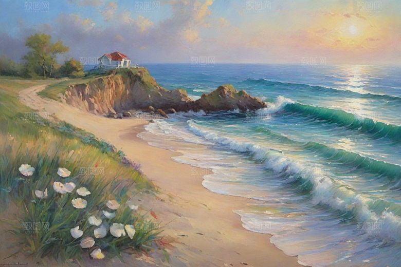 浪花贝壳勾勒精致插画