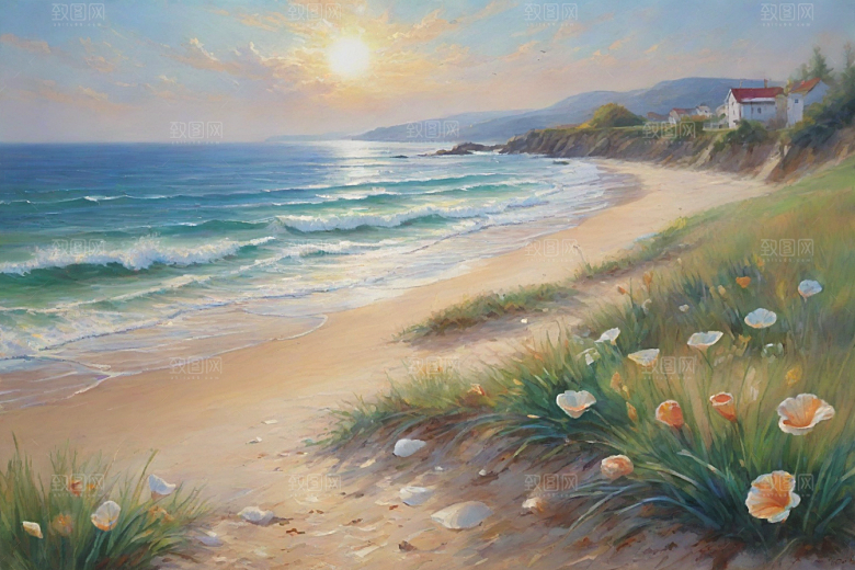 浪花贝壳勾勒精致插画
