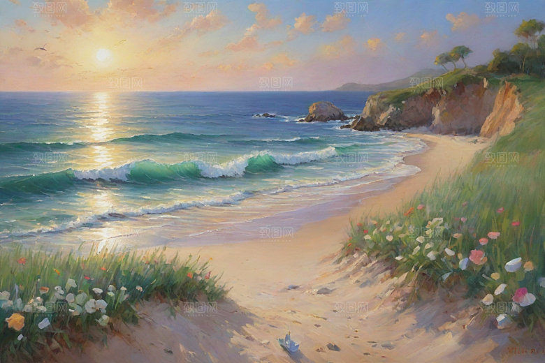 浪花贝壳勾勒精致插画