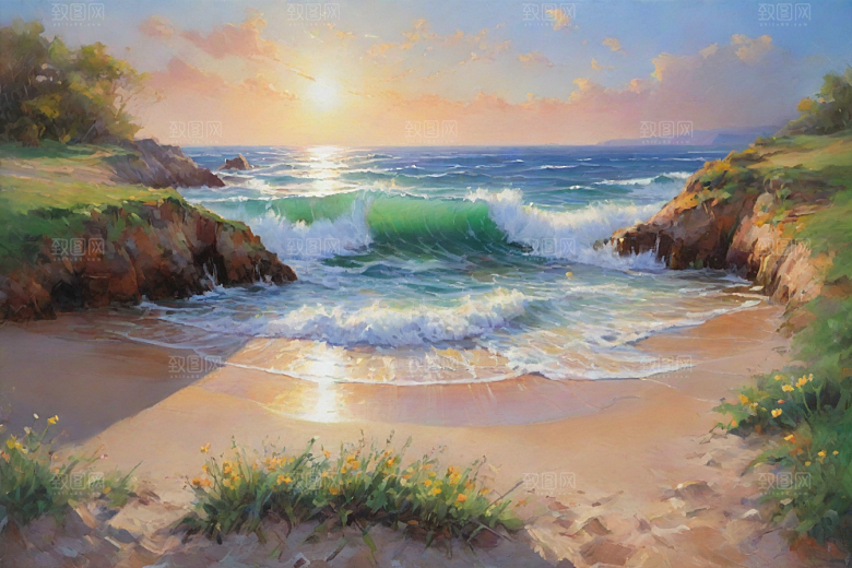 浪涛拍岸鸟儿欢唱插画