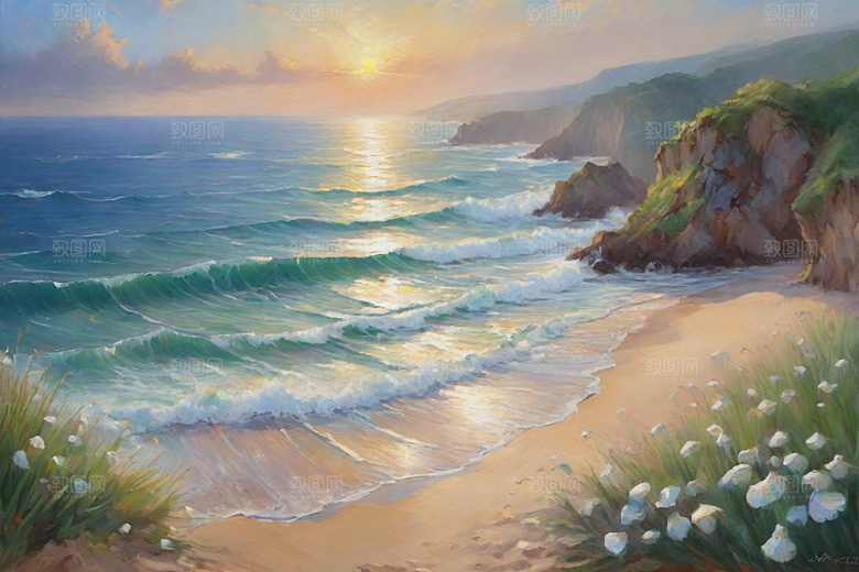 浪涛拍岸鸟儿欢唱插画