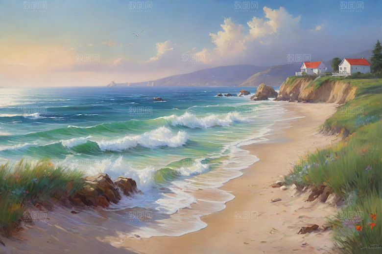 浪涛拍岸鸟儿欢唱插画