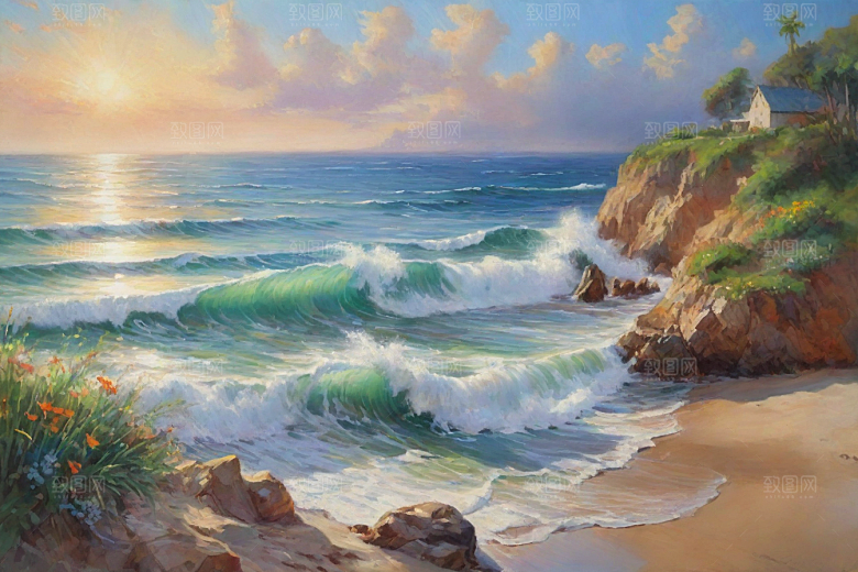 浪涛拍岸鸟儿欢唱插画