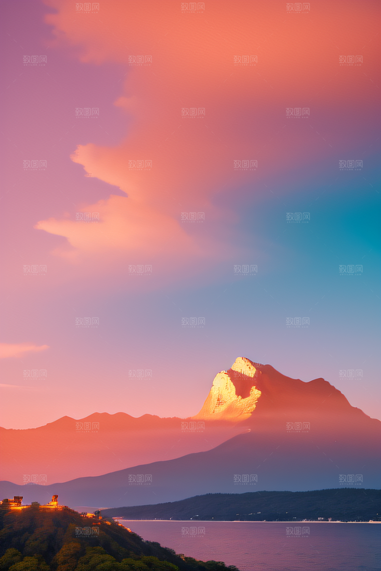 夕阳西下金色橙色和粉色的画卷