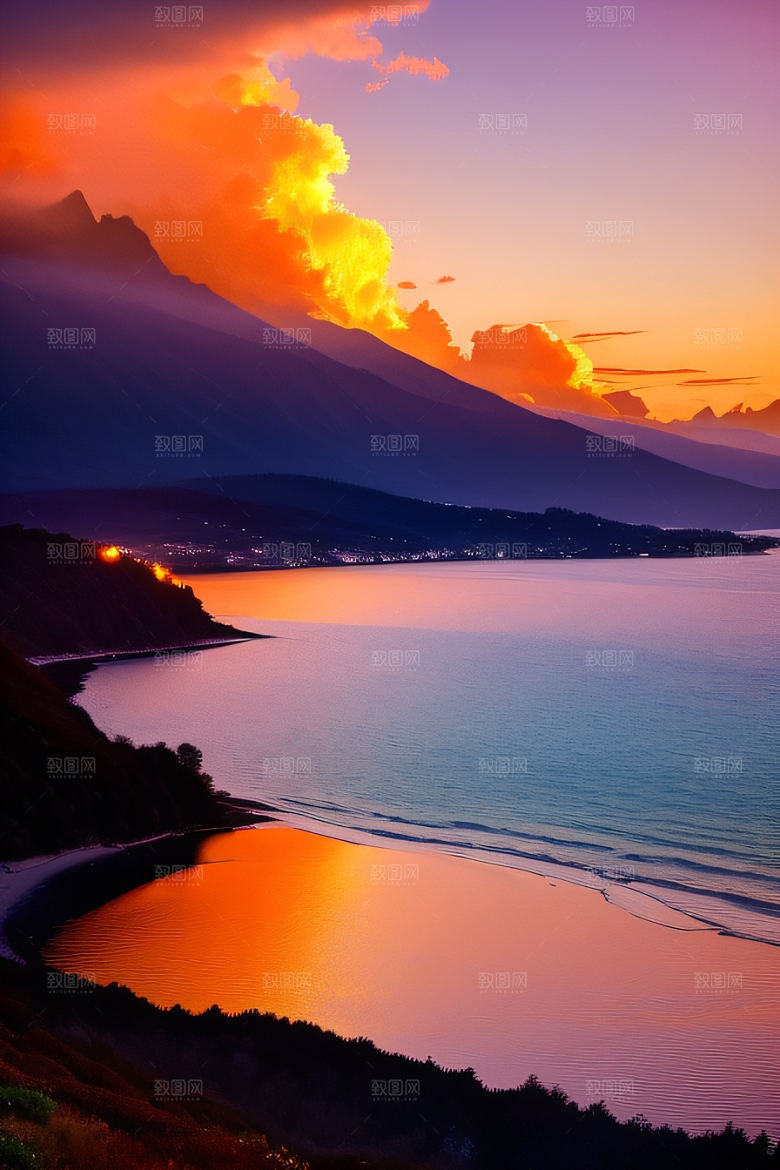 夕阳西下金色橙色和粉色的画卷
