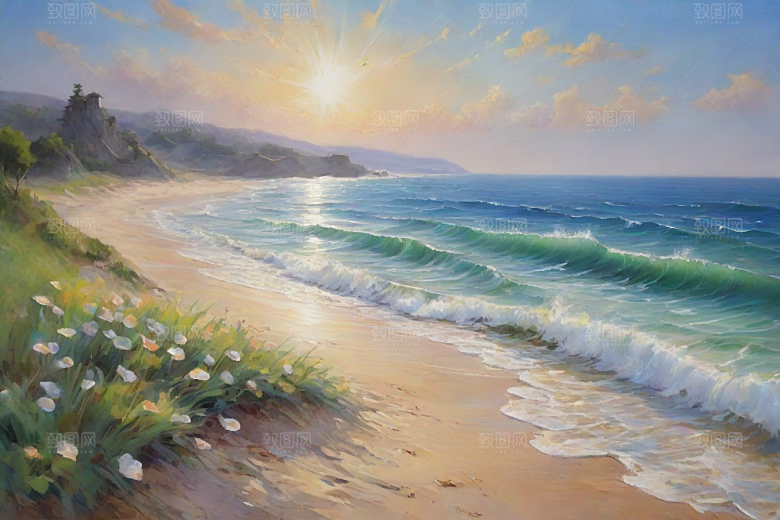 浪花贝壳勾勒精致插画