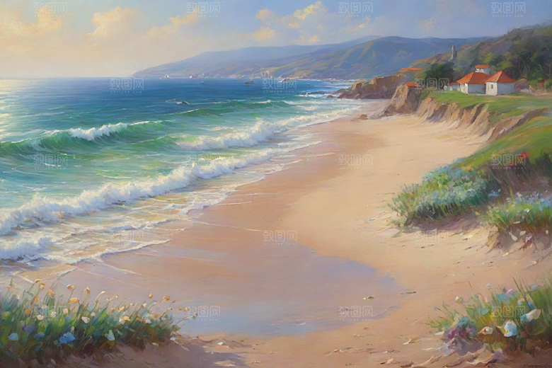 浪花贝壳勾勒精致插画
