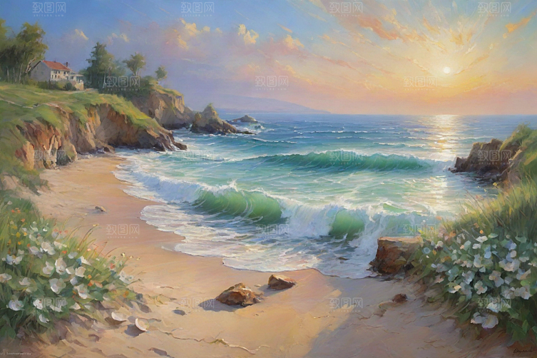 浪花贝壳勾勒精致插画