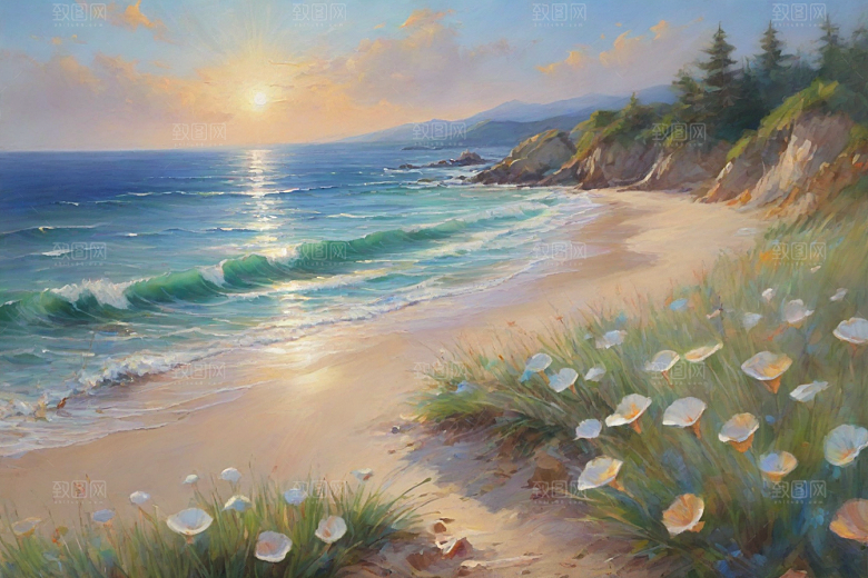 浪花贝壳勾勒精致插画