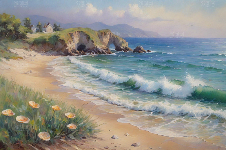 浪花贝壳勾勒精致插画