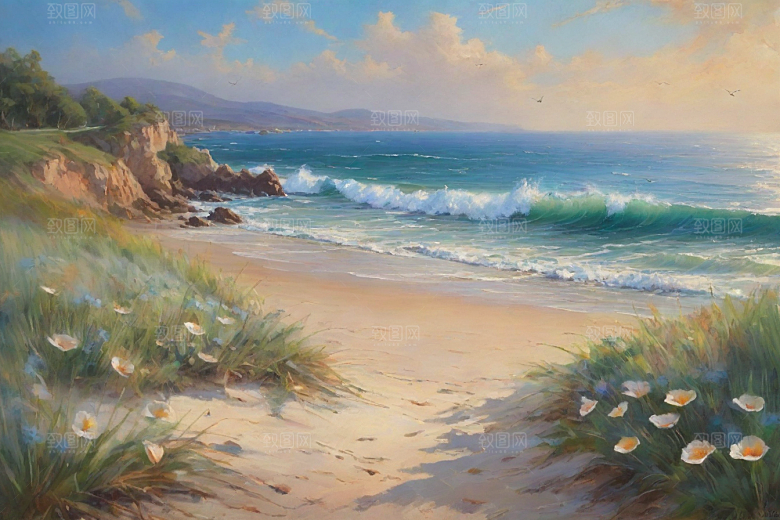 浪花贝壳勾勒精致插画