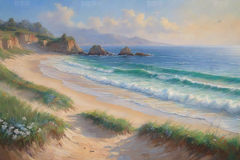 浪花贝壳勾勒精致插画