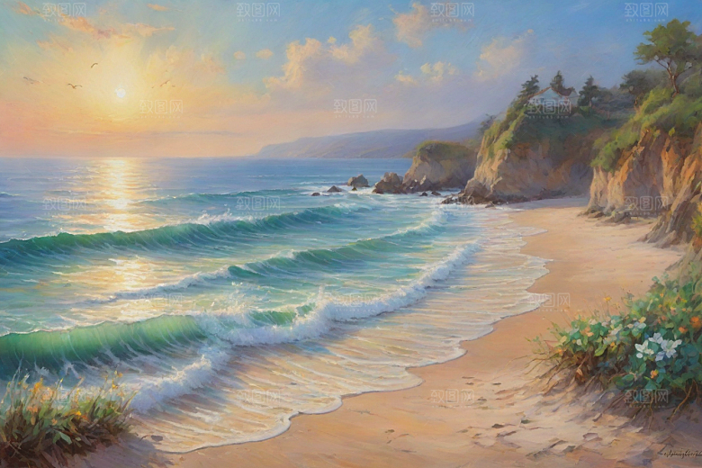 浪花贝壳勾勒精致插画