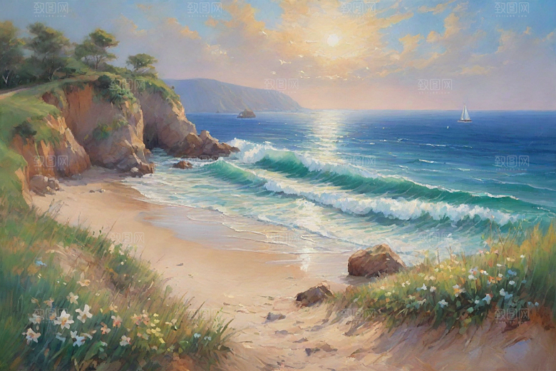 浪花贝壳勾勒精致插画