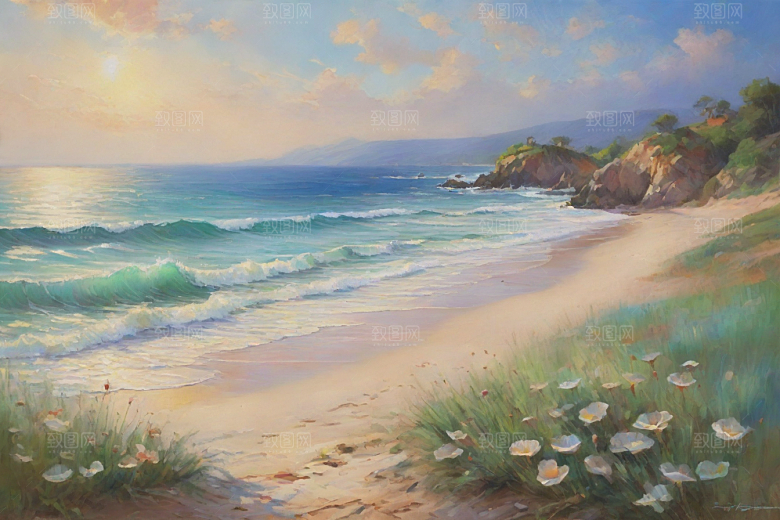 浪花贝壳勾勒精致插画