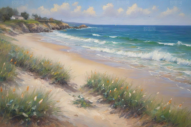 浪花贝壳勾勒精致插画