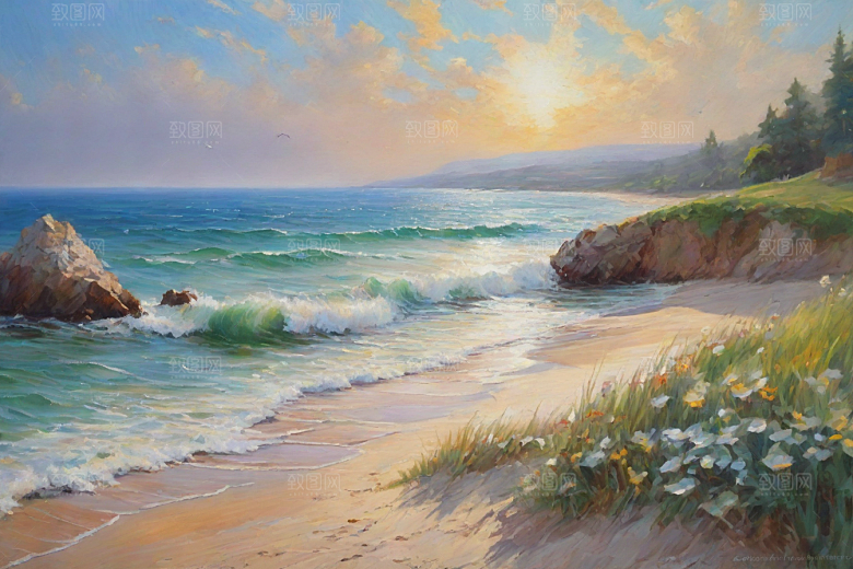 浪涛拍岸鸟儿欢唱插画