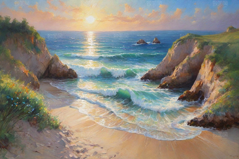 浪涛拍岸鸟儿欢唱插画