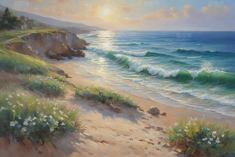 浪涛拍岸鸟儿欢唱插画