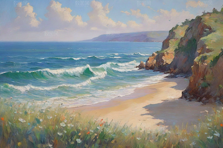 浪涛拍岸鸟儿欢唱插画