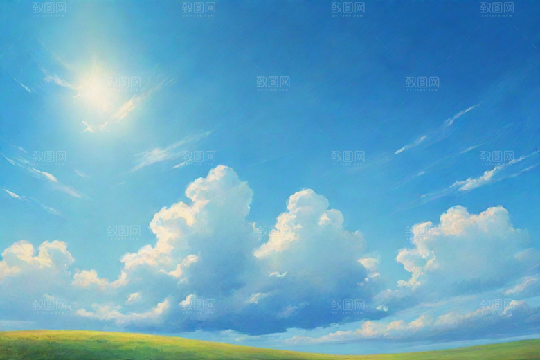 草原上明亮蓝天白云美丽景色