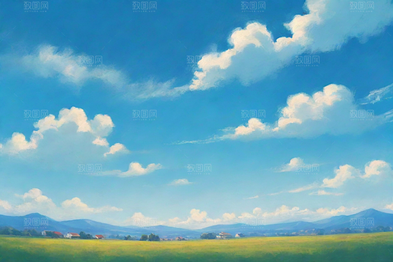 草原上明亮蓝天白云美丽景色