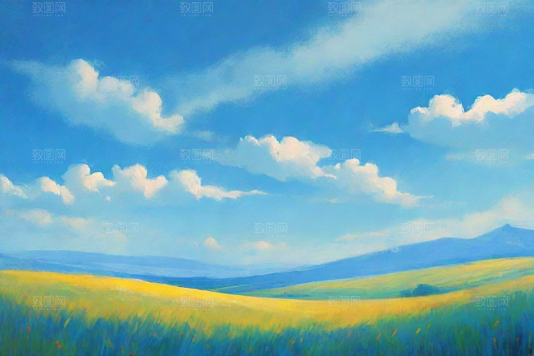 草地草原上的明亮蓝天白云美景