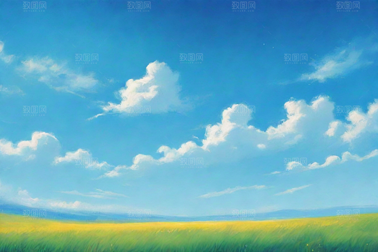 草地草原上的明亮蓝天白云美景
