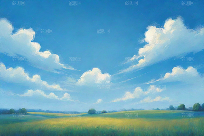 草地草原上的明亮蓝天白云美景