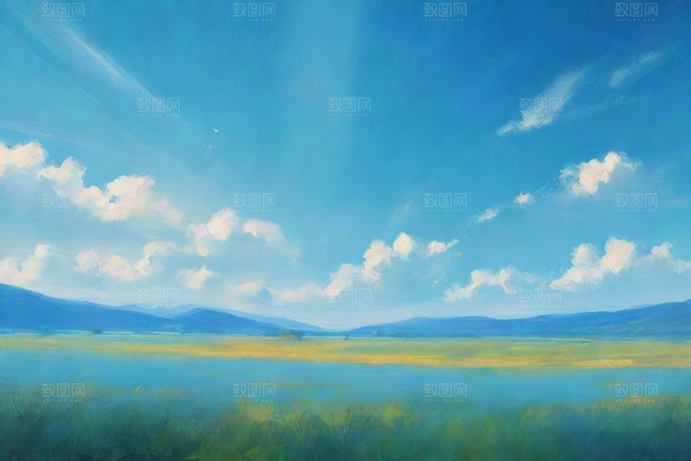草地草原上的明亮蓝天白云美景