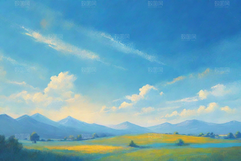 草地草原上的明亮蓝天白云美景