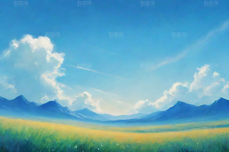 草地草原上的明亮蓝天白云美景