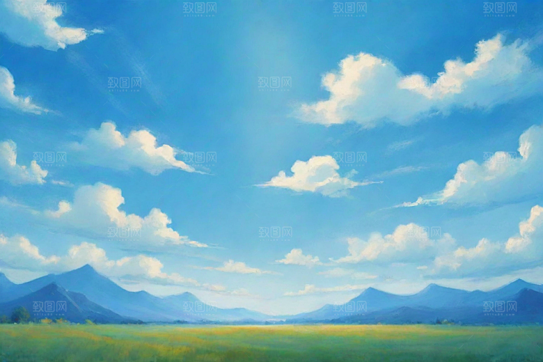 草地草原上的明亮蓝天白云美景