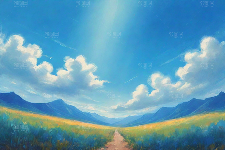 草地草原上的明亮蓝天白云美景