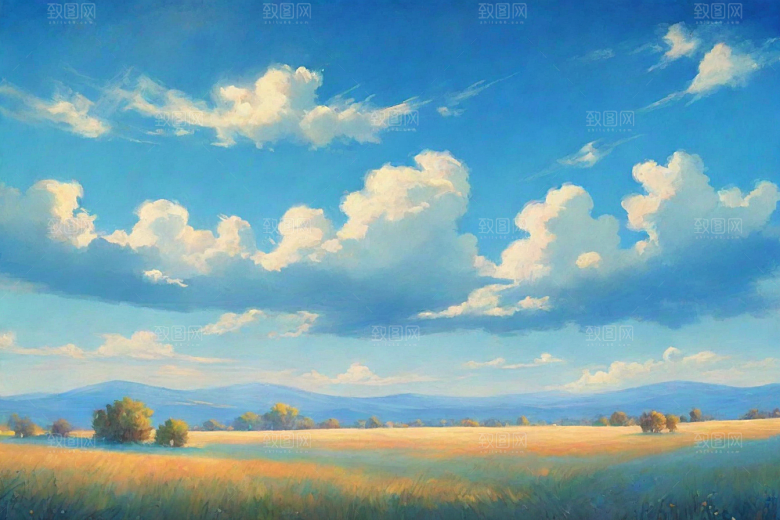 草地草原上的明亮蓝天白云美景