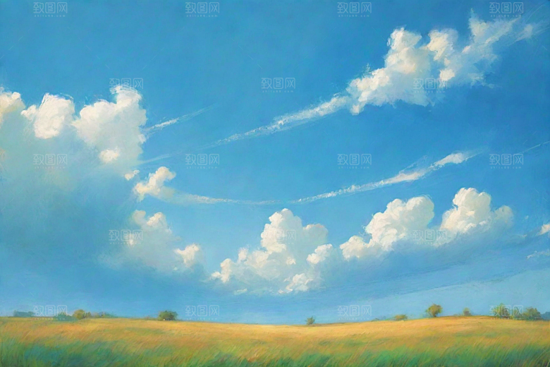 草地草原上的明亮蓝天白云美景