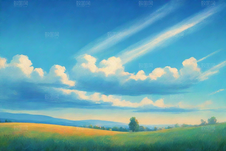草地草原上的明亮蓝天白云美景