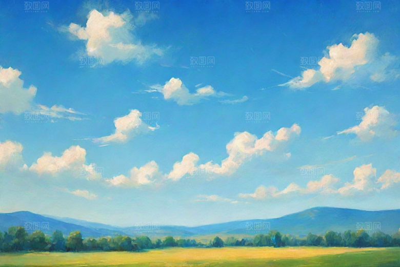 草地草原上的明亮蓝天白云美景