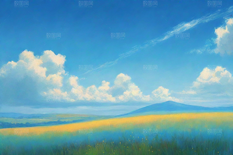草地草原上的明亮蓝天白云美景