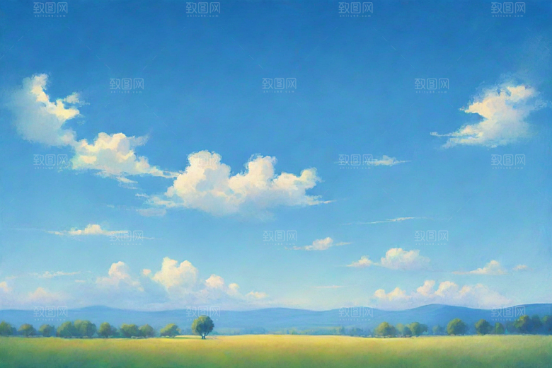 草地草原上的明亮蓝天白云美景