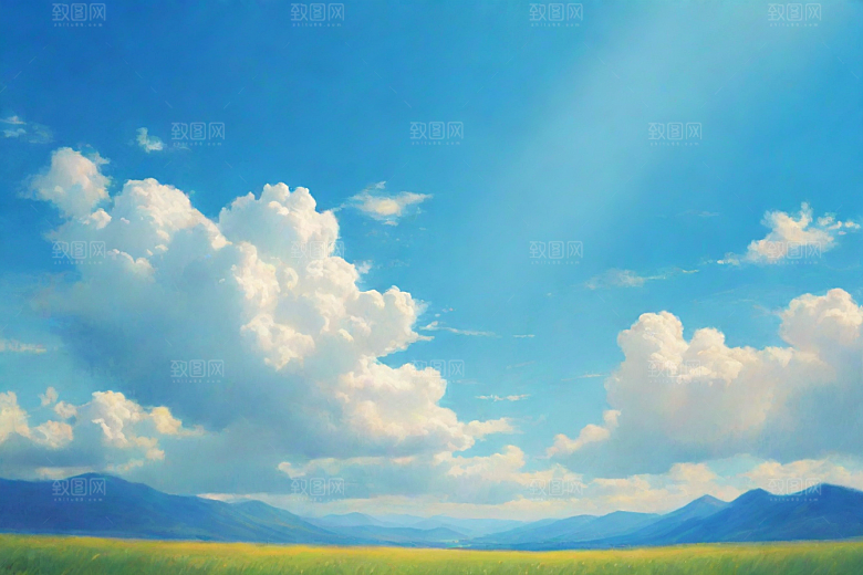 草地草原上的明亮蓝天白云美景