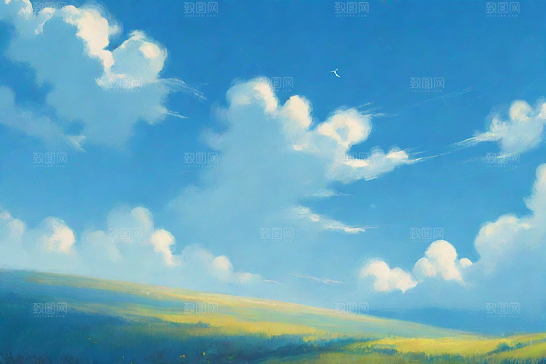 草原上明亮蓝天白云美景