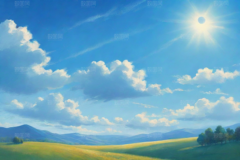 草原上明亮蓝天白云美景