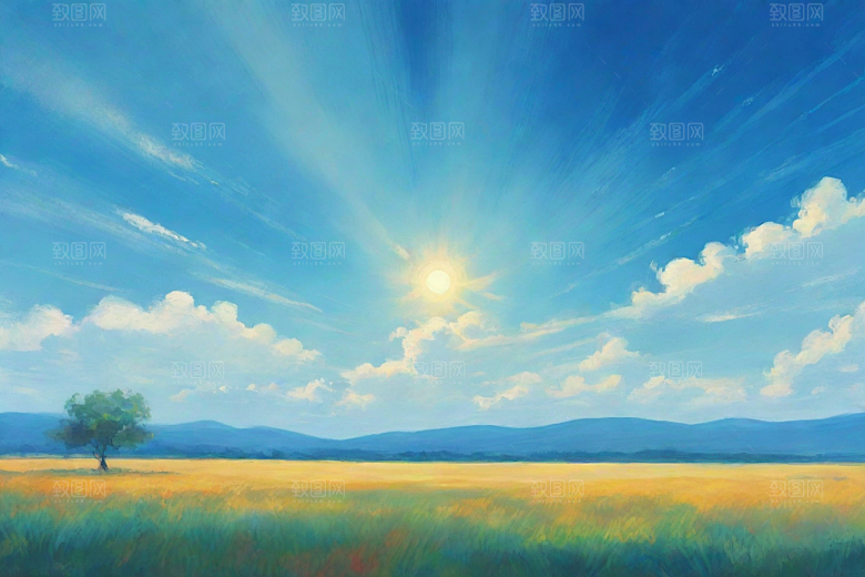 草原上明亮蓝天白云美景