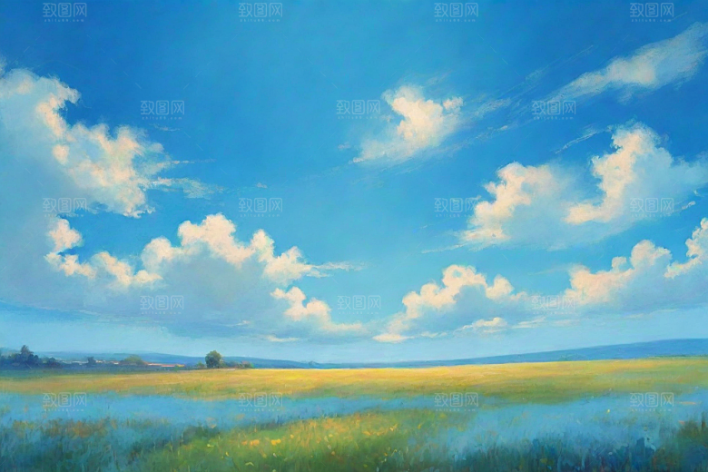 草原上明亮蓝天白云美景